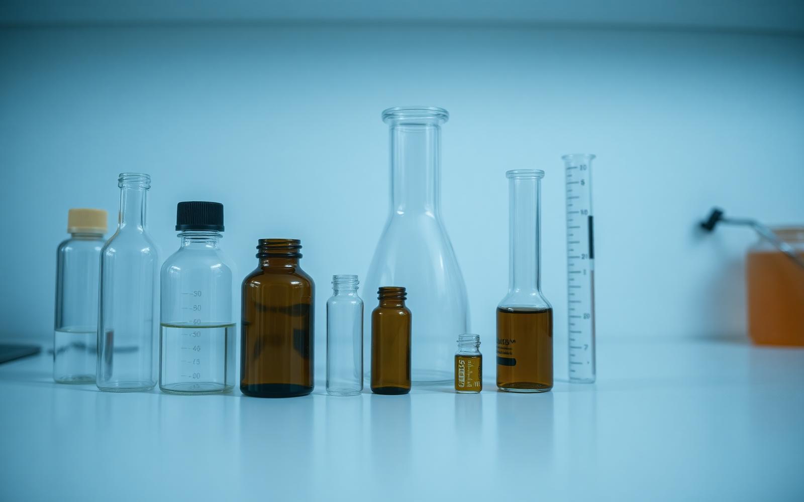 Laboratory glassware and vials on a clean workbench